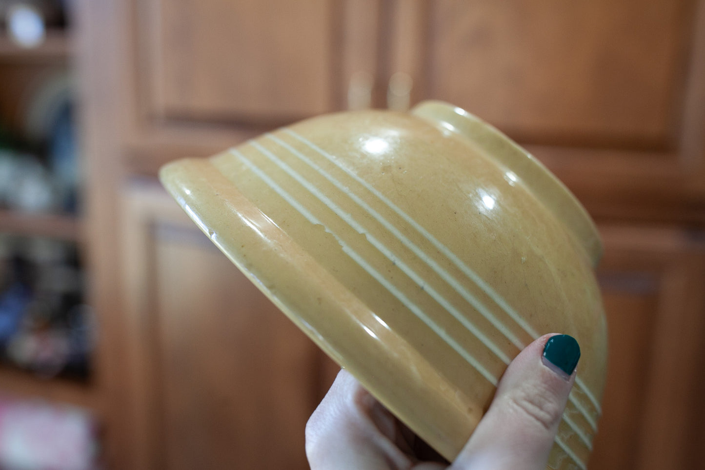 Vintage Yellow-ware Bowl- Yellow Stoneware Bowl with White stripes