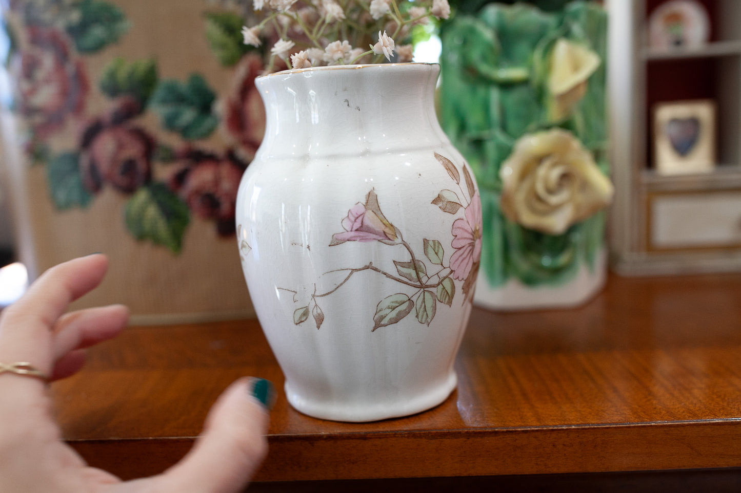 Antique Vase- Alfred Meakin England Royal Semi Porcelain Pink Flower- Vase