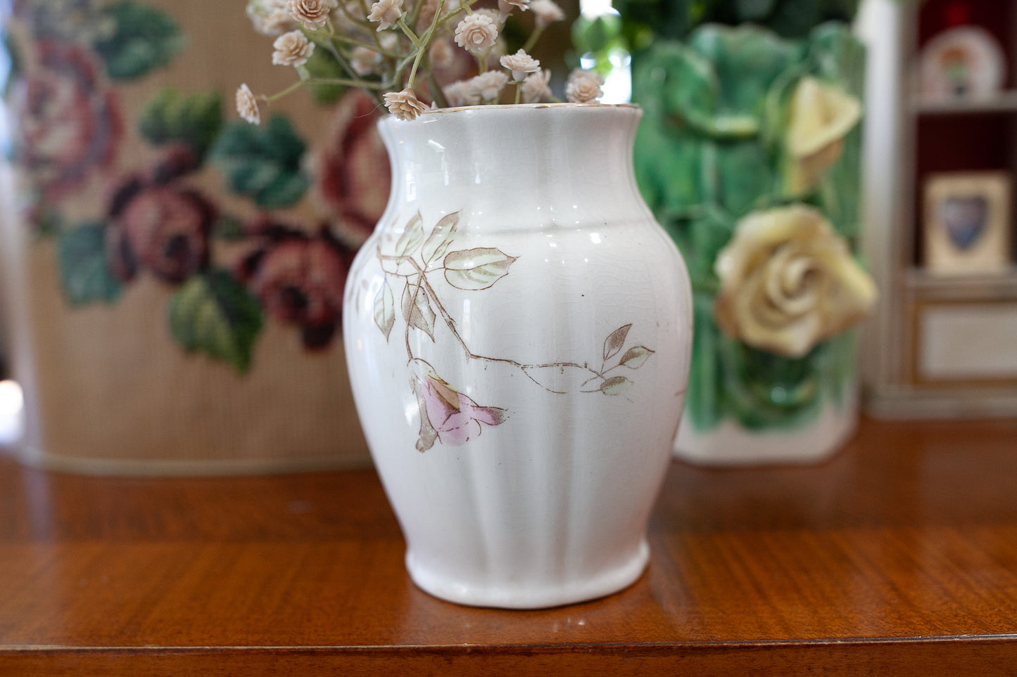 Antique Vase- Alfred Meakin England Royal Semi Porcelain Pink Flower- Vase