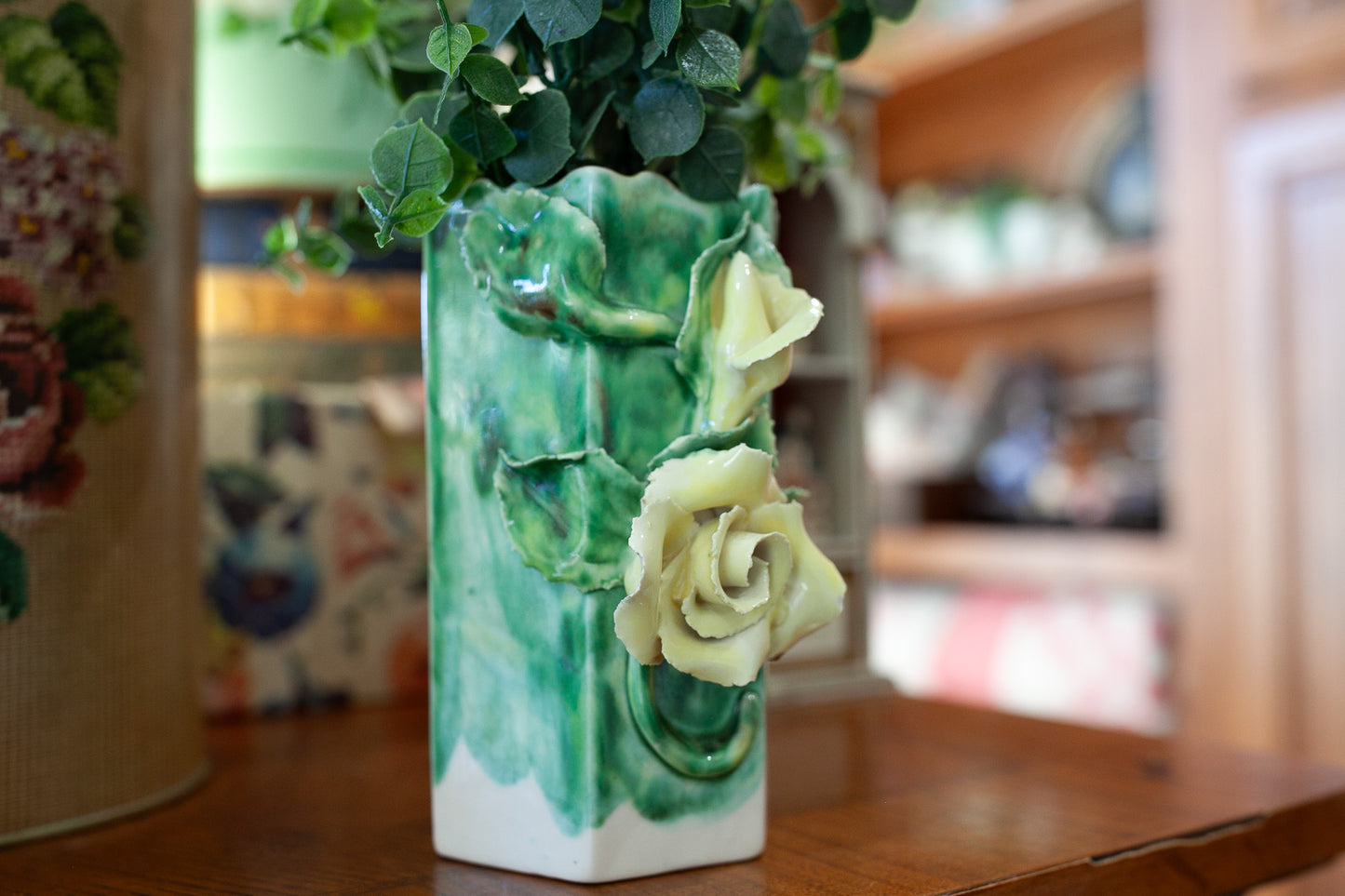 Vintage Vase- Rose- Lora Aileen Ceramics North Hollywood CA Yellow and Green Rose Flower Vase