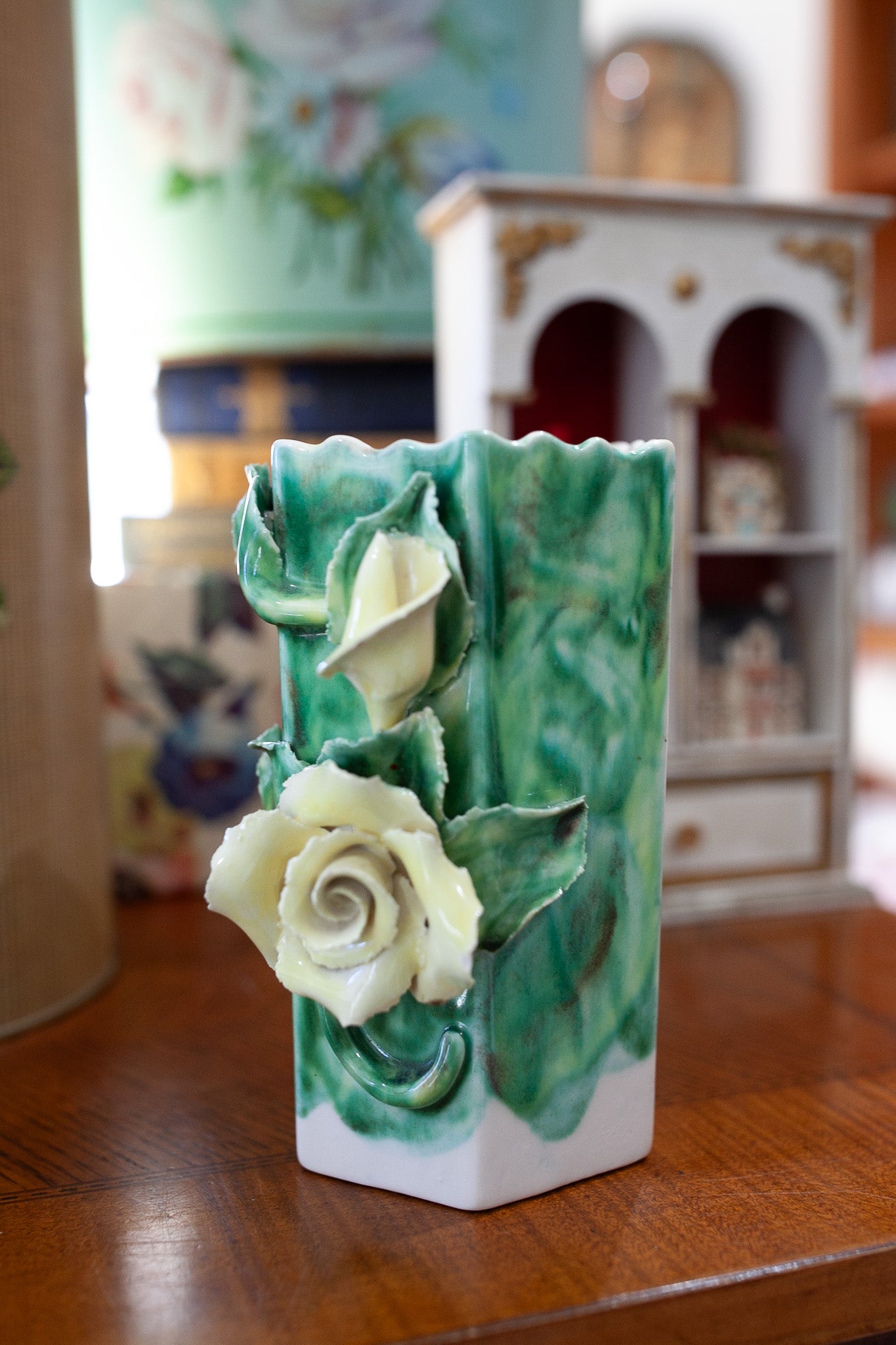 Vintage Vase- Rose- Lora Aileen Ceramics North Hollywood CA Yellow and Green Rose Flower Vase