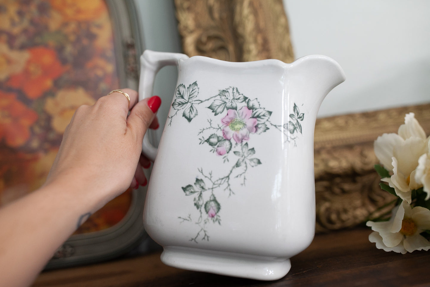 Vintage Ironstone Pitcher with Pink Florals