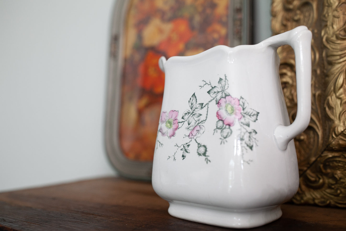 Vintage Ironstone Pitcher with Pink Florals