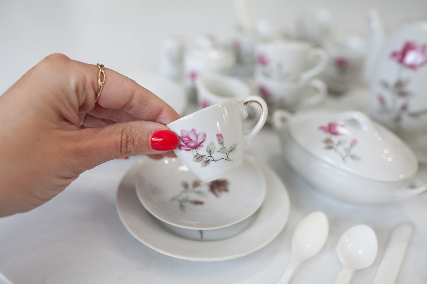 Miniature Tea Set- Porcelain China Tea Set -Rose Pattern