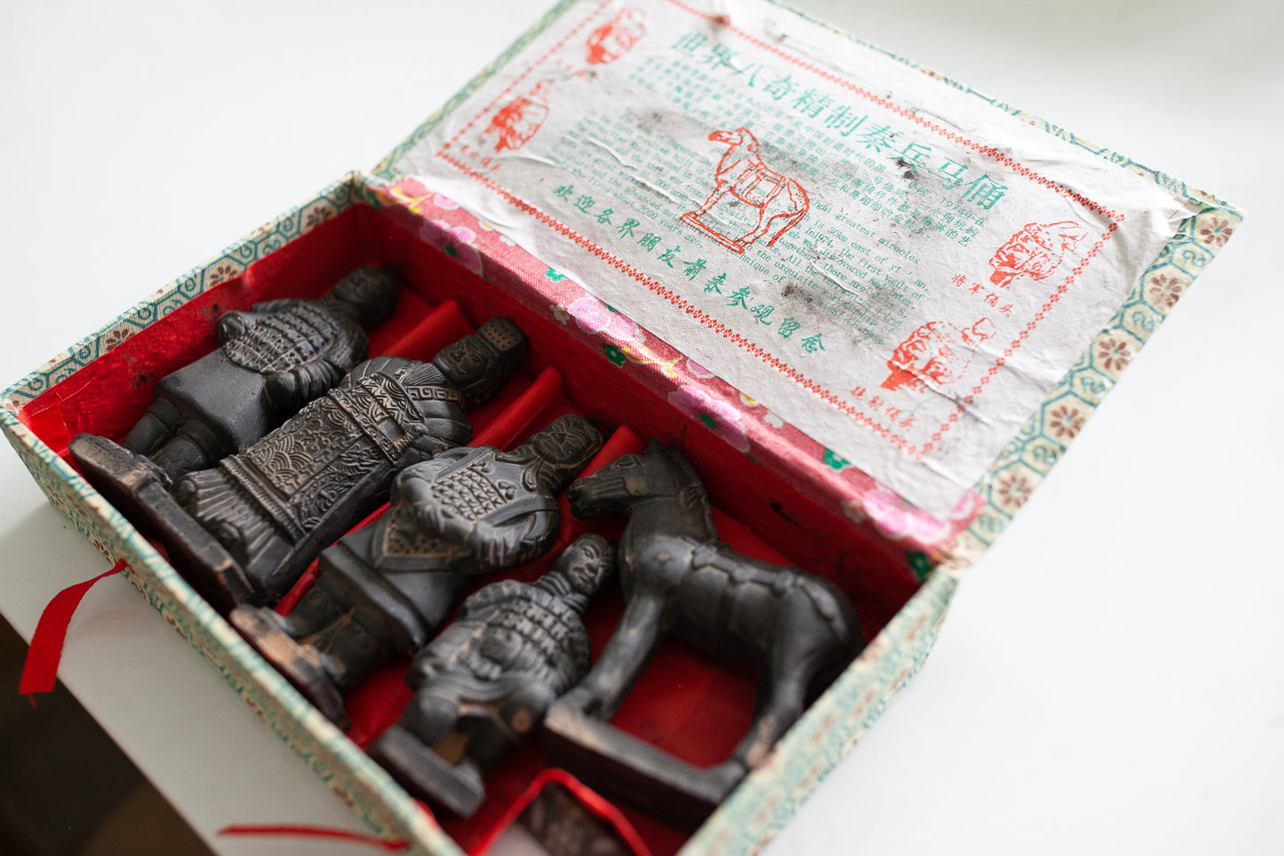 Vintage, boxed, five terracotta, chinese figurines of warriors and a horse, set tomb of Emperor Shi Qin Dynasty, terracotta army