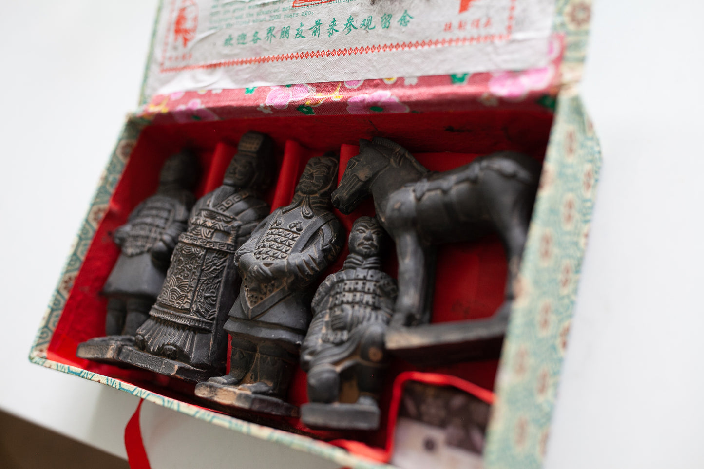 Vintage, boxed, five terracotta, chinese figurines of warriors and a horse, set tomb of Emperor Shi Qin Dynasty, terracotta army
