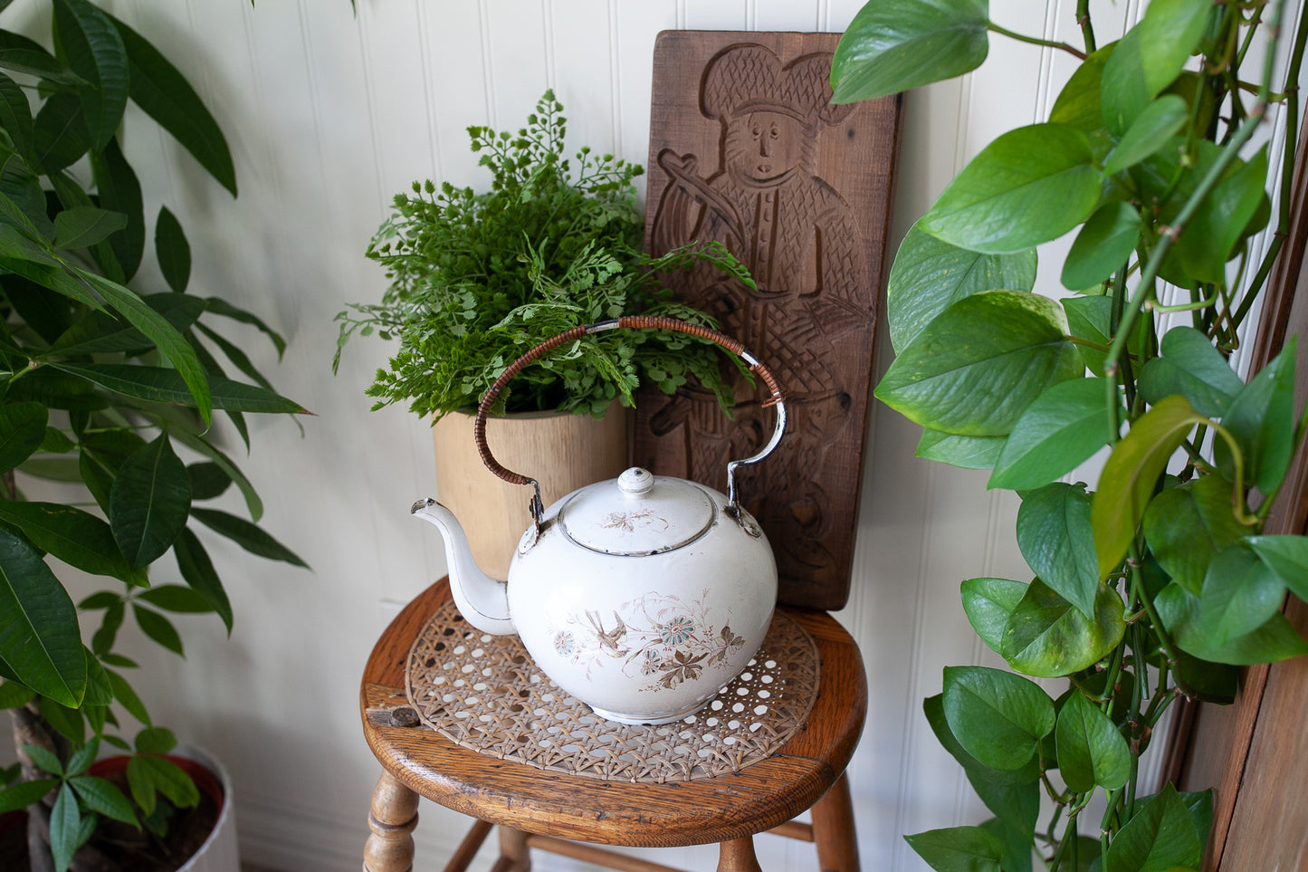 Antique Enamel Teapot - Bird Teapot