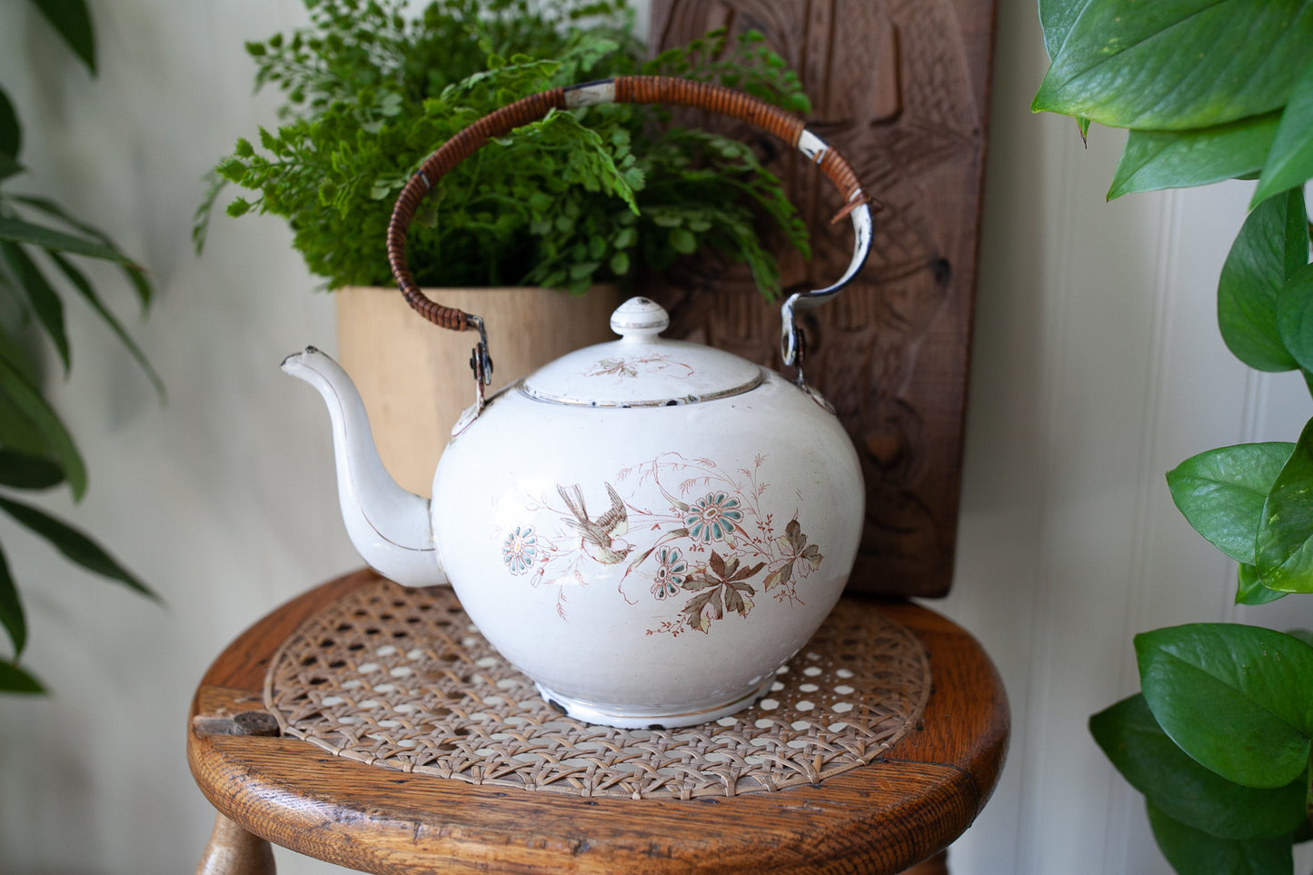 Antique Enamel Teapot - Bird Teapot