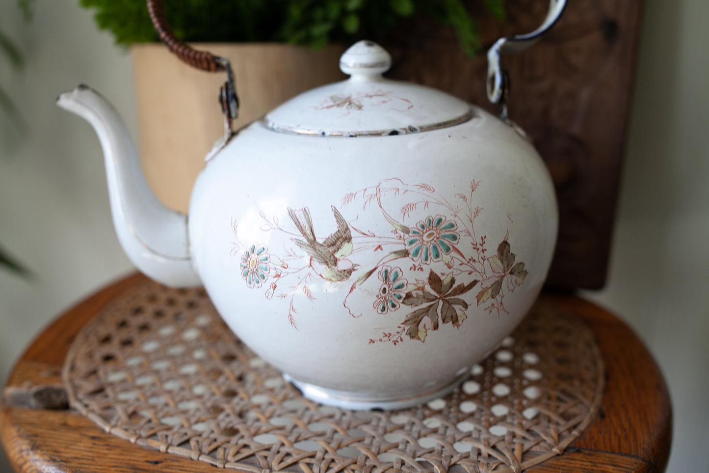 Antique Enamel Teapot - Bird Teapot