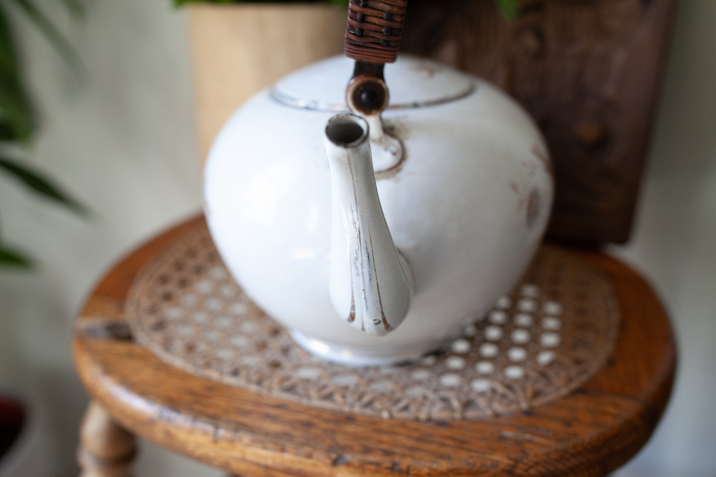 Antique Enamel Teapot - Bird Teapot