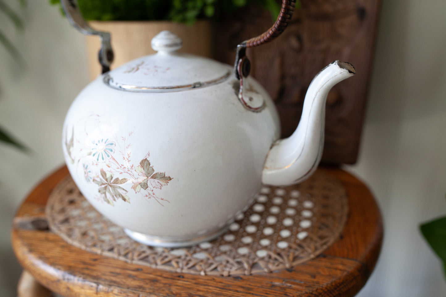 Antique Enamel Teapot - Bird Teapot