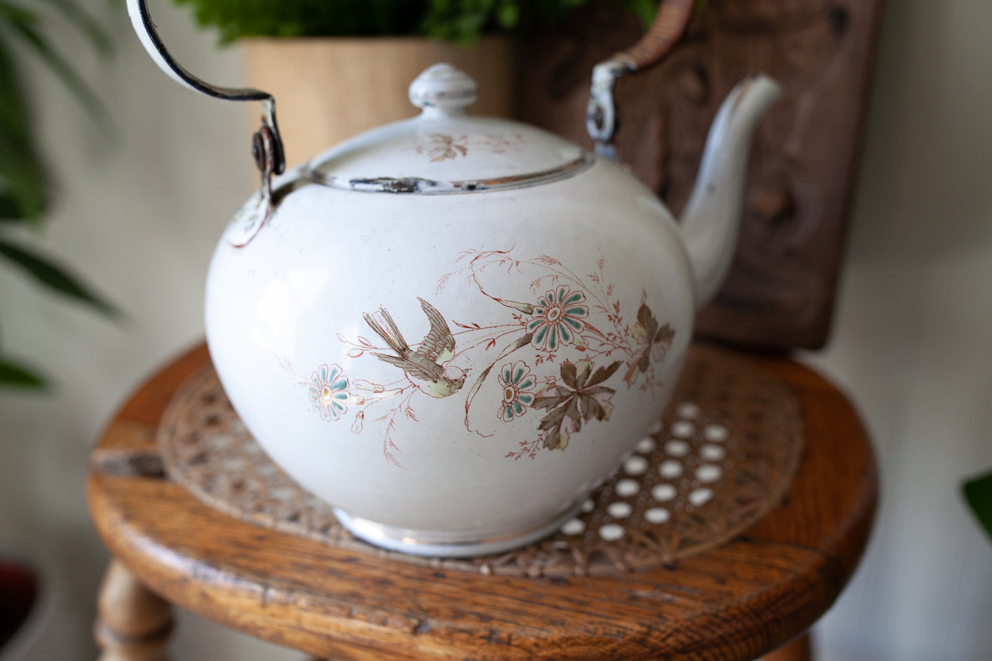 Antique Enamel Teapot - Bird Teapot