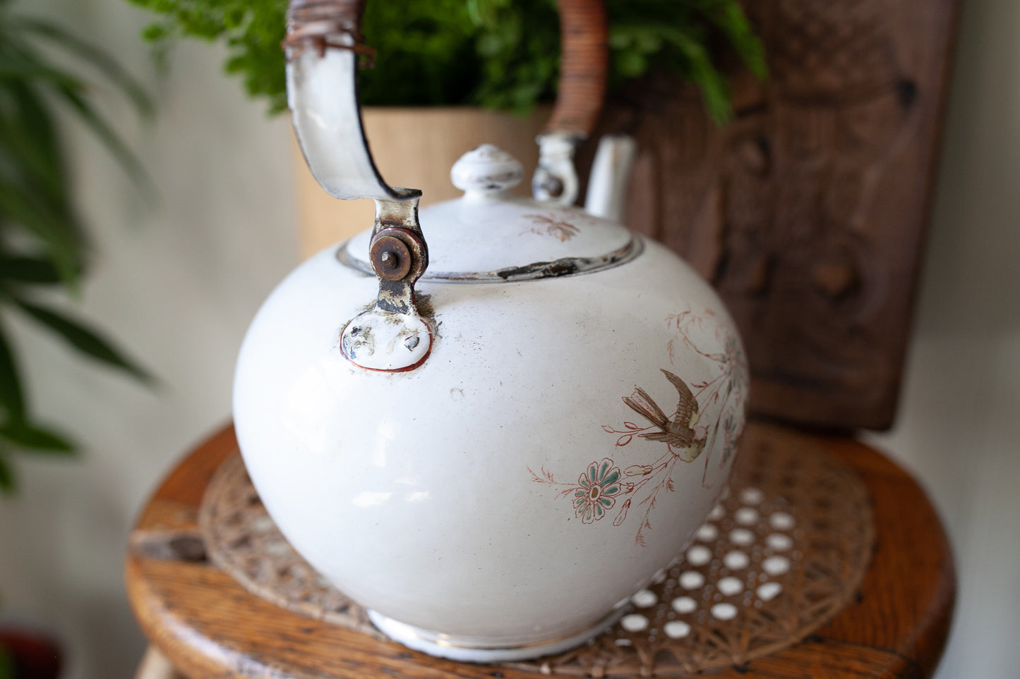 Antique Enamel Teapot - Bird Teapot