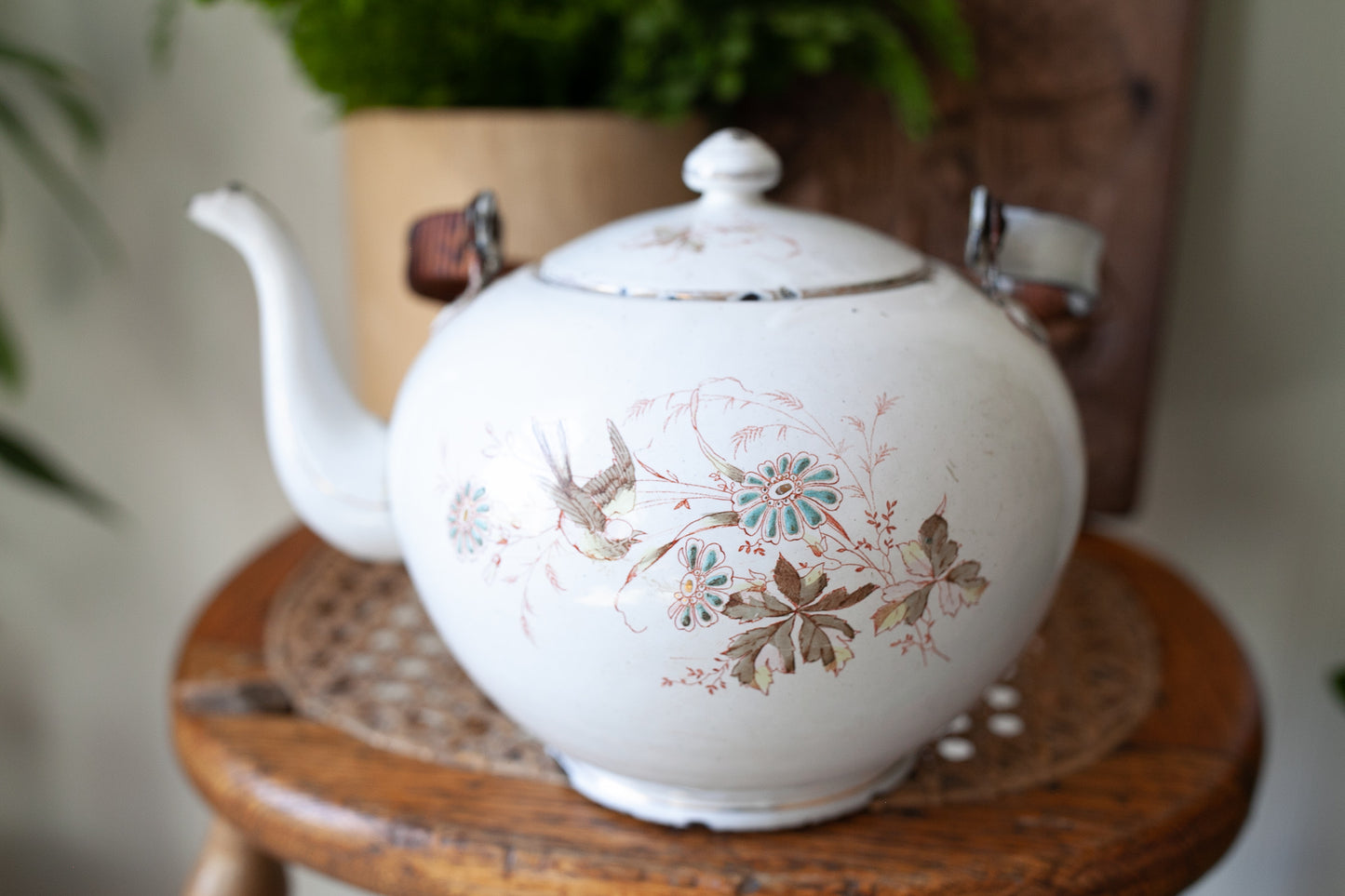 Antique Enamel Teapot - Bird Teapot