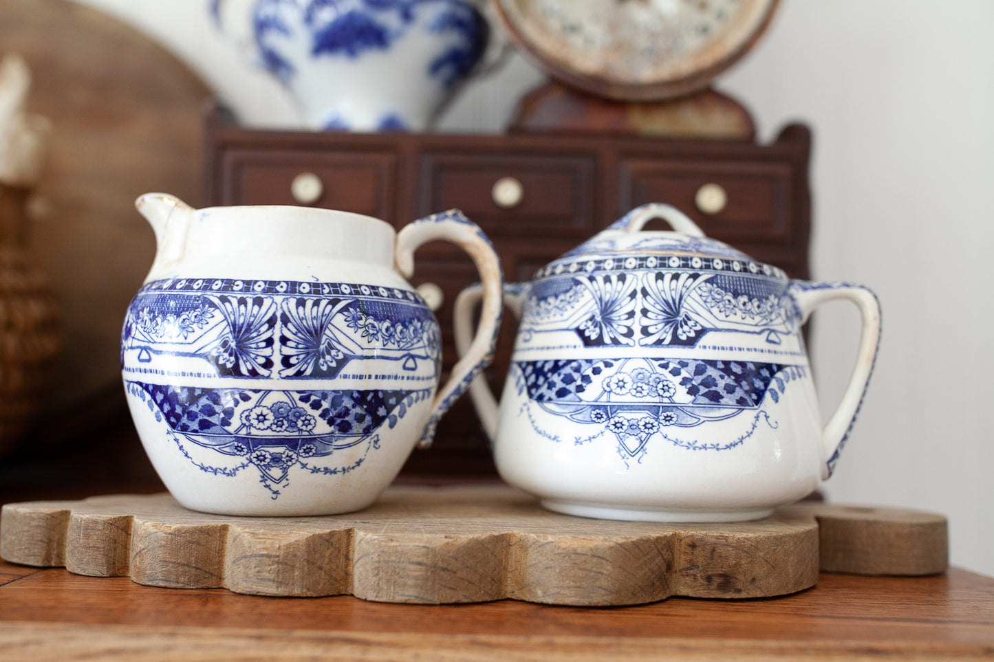 Vintage Blue and White Creamer and Sugar Set