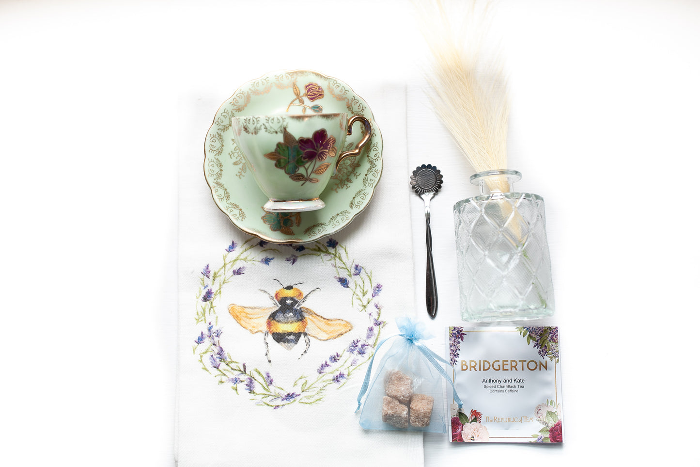 Teacup Gift Box Surprise- Vintage Gift Set-Tea Towel- Bridgerton -Teacher Appreciation-Gift