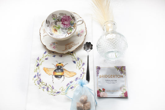 Teacup Gift Box- Tea Towel and Floral Tea Cup Box F- Vintage Gift Set- Mother's Day- Bridgerton -Teacher Appreciation-Gift