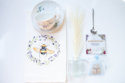 Teacup Gift Box- Tea Towel and Blue Floral Tea Cup Box G- Vintage Gift Set- Mother's Day- Bridgerton -Teacher Appreciation-Gift