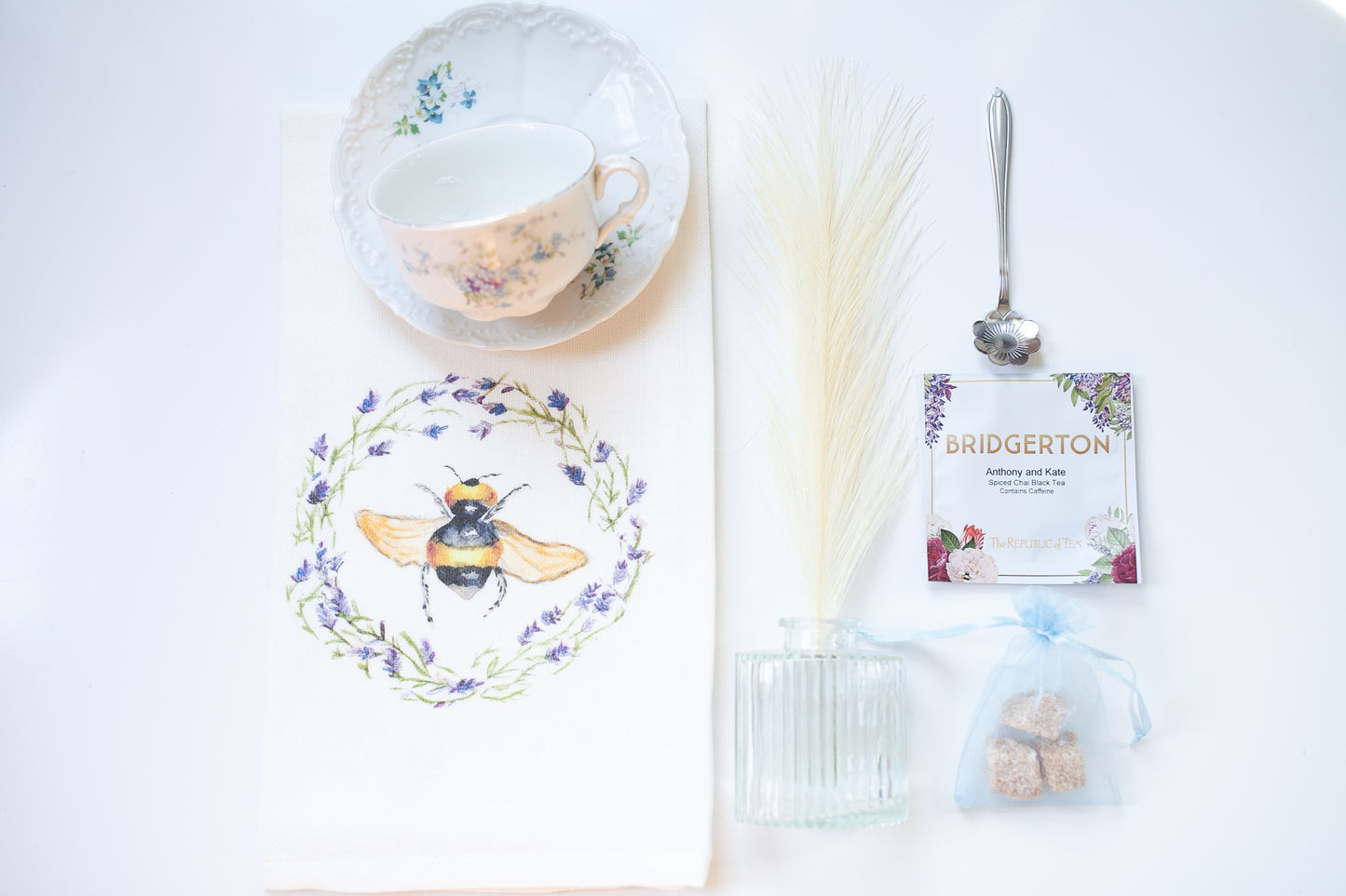 Teacup Gift Box- Tea Towel and Blue Floral Tea Cup Box G- Vintage Gift Set- Bridgerton -Teacher Appreciation-Gift