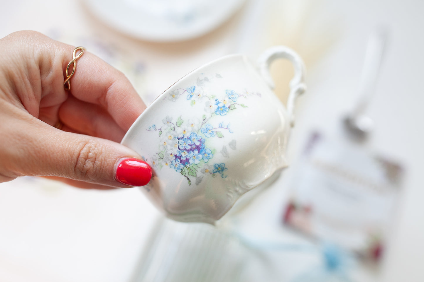 Teacup Gift Box- Tea Towel and Blue Floral Tea Cup Box G- Vintage Gift Set- Bridgerton -Teacher Appreciation-Gift