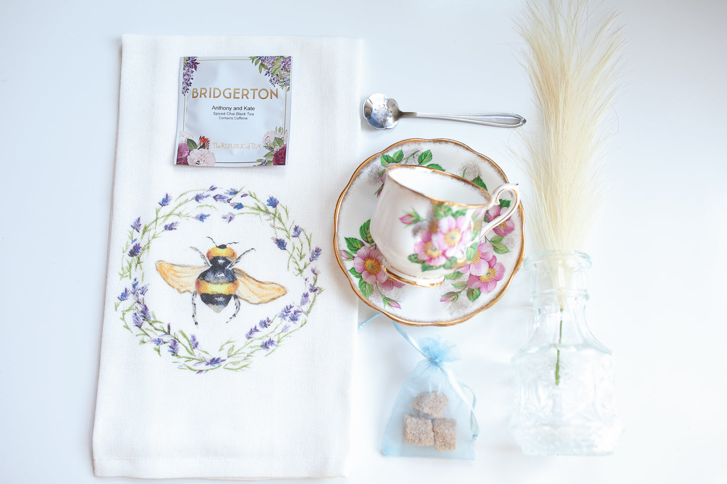 Teacup Gift Box- Tea Towel and Pink Floral Tea Cup Box H- Vintage Gift Set- Bridgerton -Teacher Appreciation-Gift