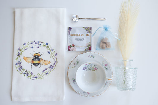 Teacup Gift Box- Tea Towel and Multi Colored Floral Tea Cup- Box K- Vintage Gift Set- Mother's Day- Bridgerton -Teacher Appreciation-Gift