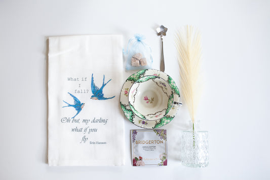 Teacup Gift Box- Tea Towel and Floral Tea Cup- Box O- Vintage Gift Set- Mother's Day- Bridgerton -Teacher Appreciation-Gift