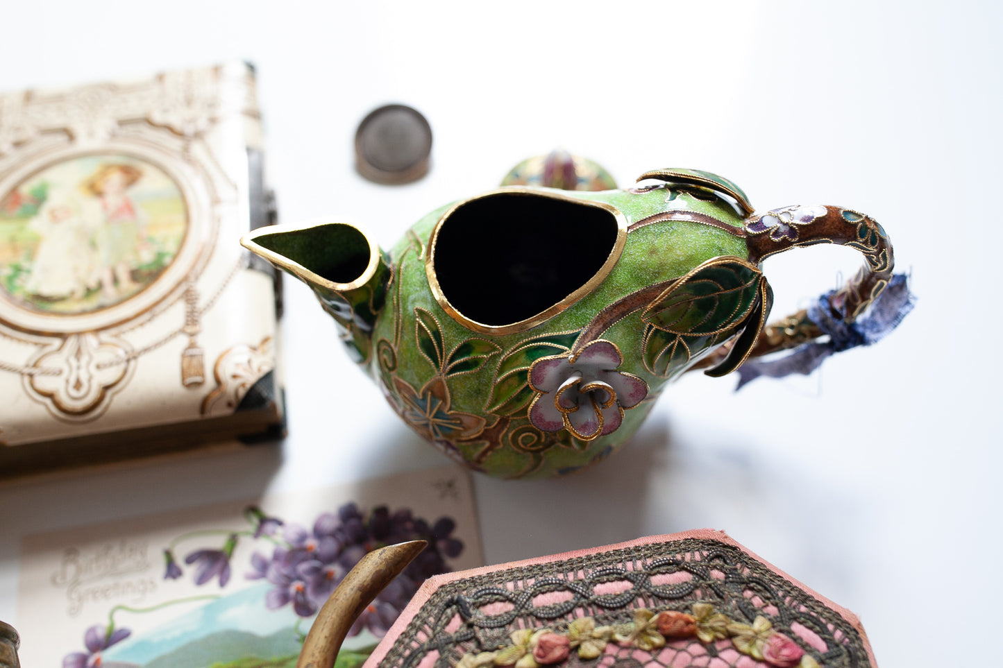 Vintage Teapot - Enamel Teapot -Vintage Metal Cloisonne Pear Teapot