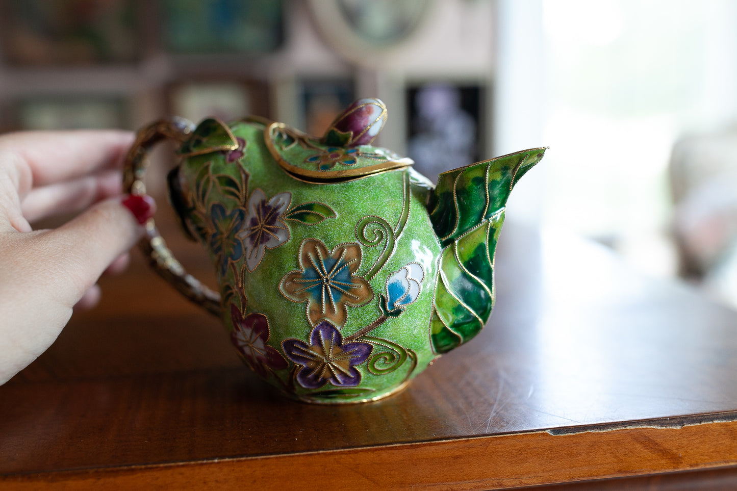 Vintage Teapot - Enamel Teapot -Vintage Metal Cloisonne Pear Teapot