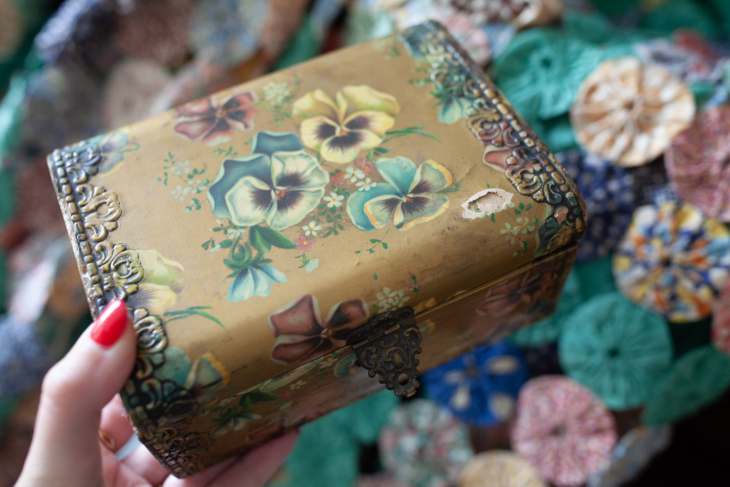 Victorian Celluloid Paper Covered Box -Floral Pansy Box