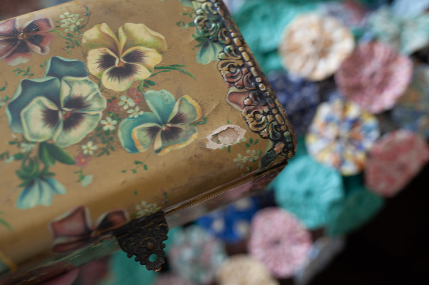Victorian Celluloid Paper Covered Box -Floral Pansy Box