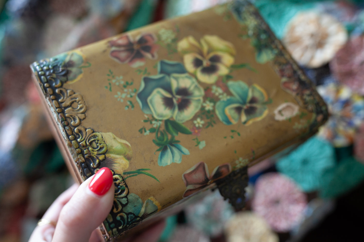 Victorian Celluloid Paper Covered Box -Floral Pansy Box