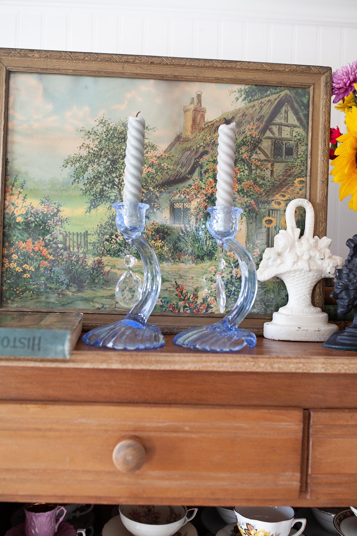 Vintage Candleholders- Cambridge Caprice Prism Candle Holders -Blue Glass