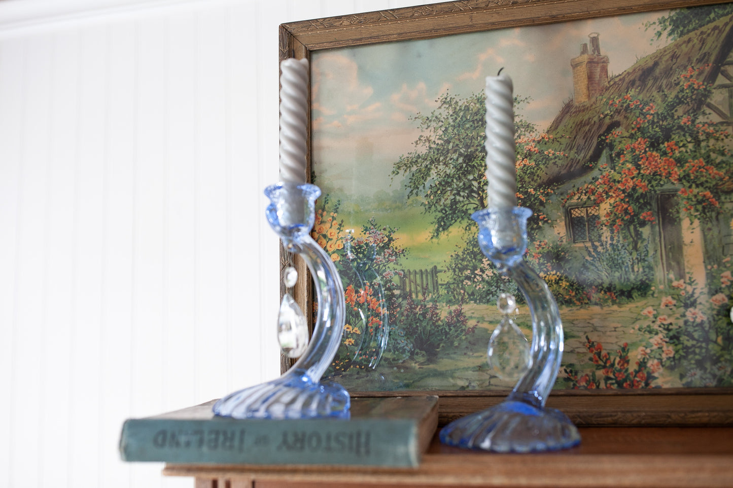 Vintage Candleholders- Cambridge Caprice Prism Candle Holders -Blue Glass