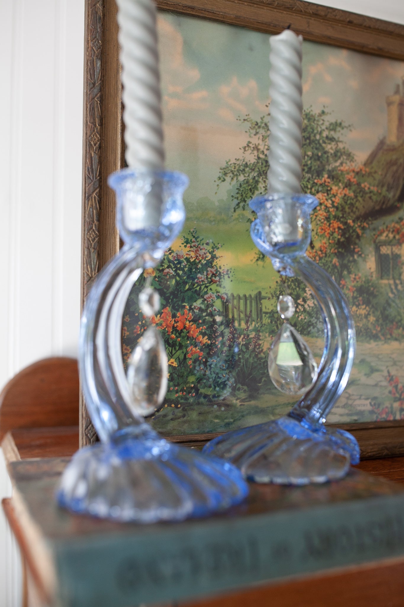 Vintage Candleholders- Cambridge Caprice Prism Candle Holders -Blue Glass