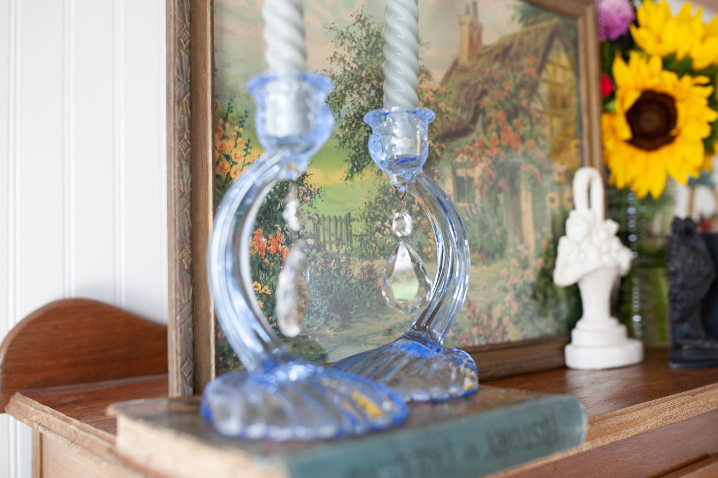 Vintage Candleholders- Cambridge Caprice Prism Candle Holders -Blue Glass