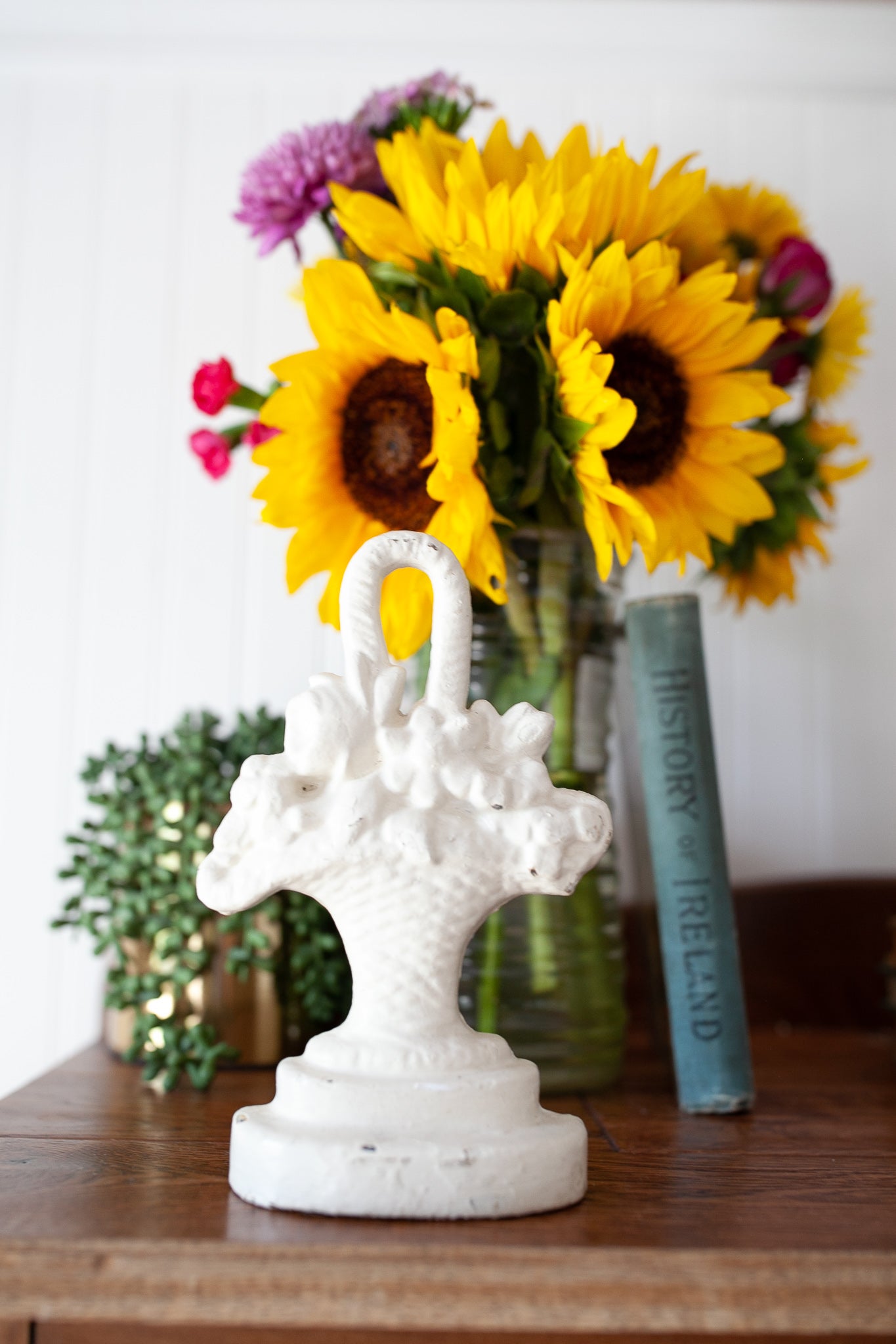 Vintage Doorstop - White Flower Cast Iron Door Stop - Flower Basket