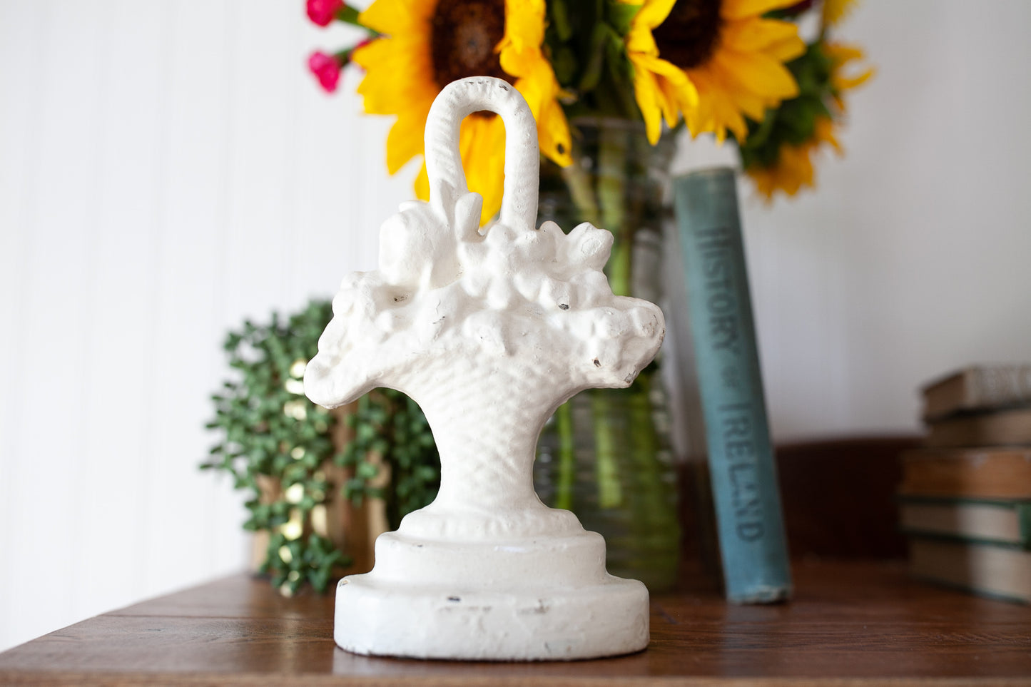 Vintage Doorstop - White Flower Cast Iron Door Stop - Flower Basket