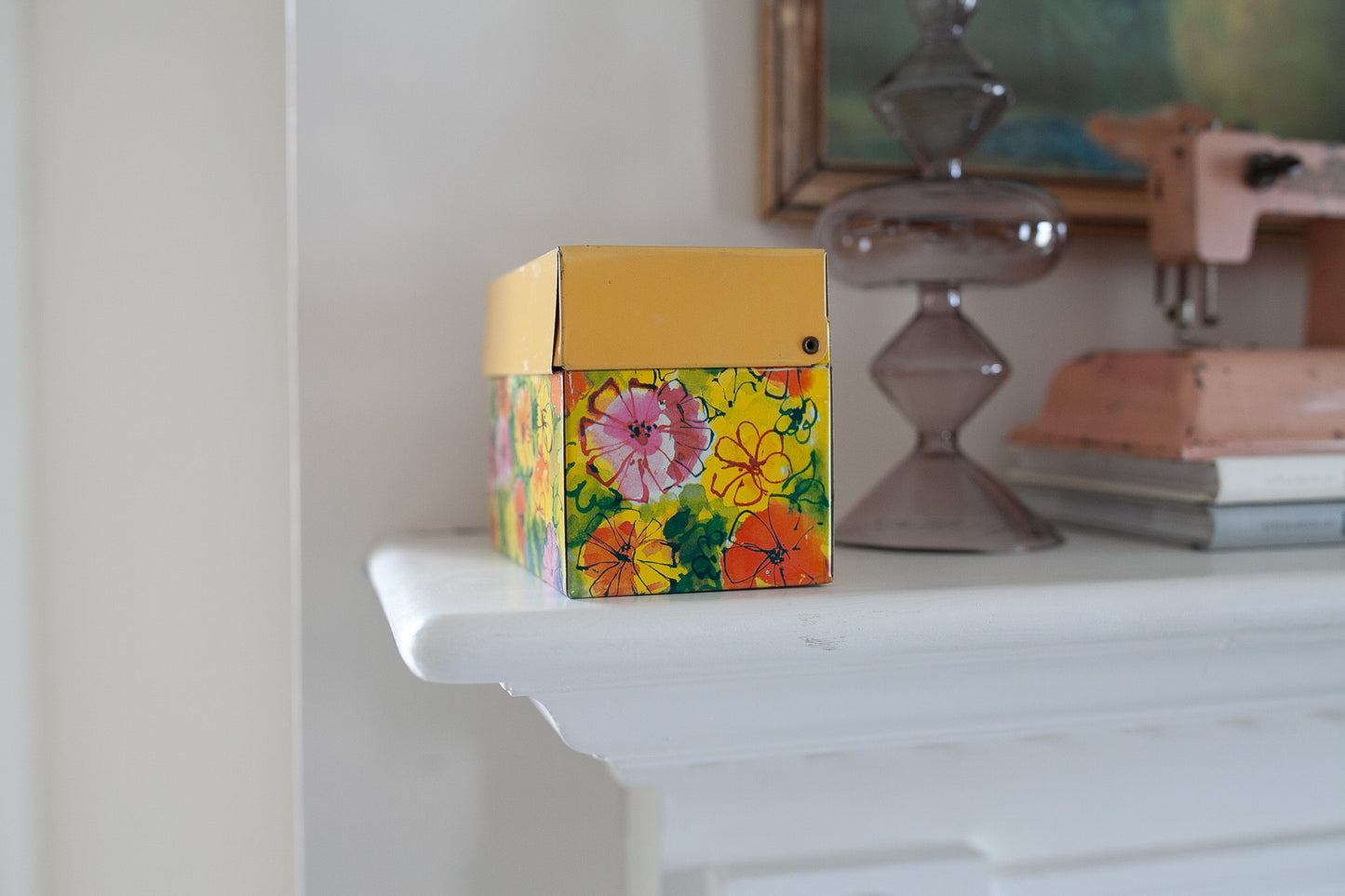 Vintage Ohio Art Co. Metal Recipe Box Retro Yellow w/Bright Floral Print - Recipe Tin