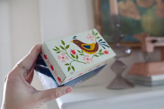 Floral and Bird Design Metal Recipe Box, Ohio Art Metal Recipe Box, Vintage Blue Tin Recipe Box