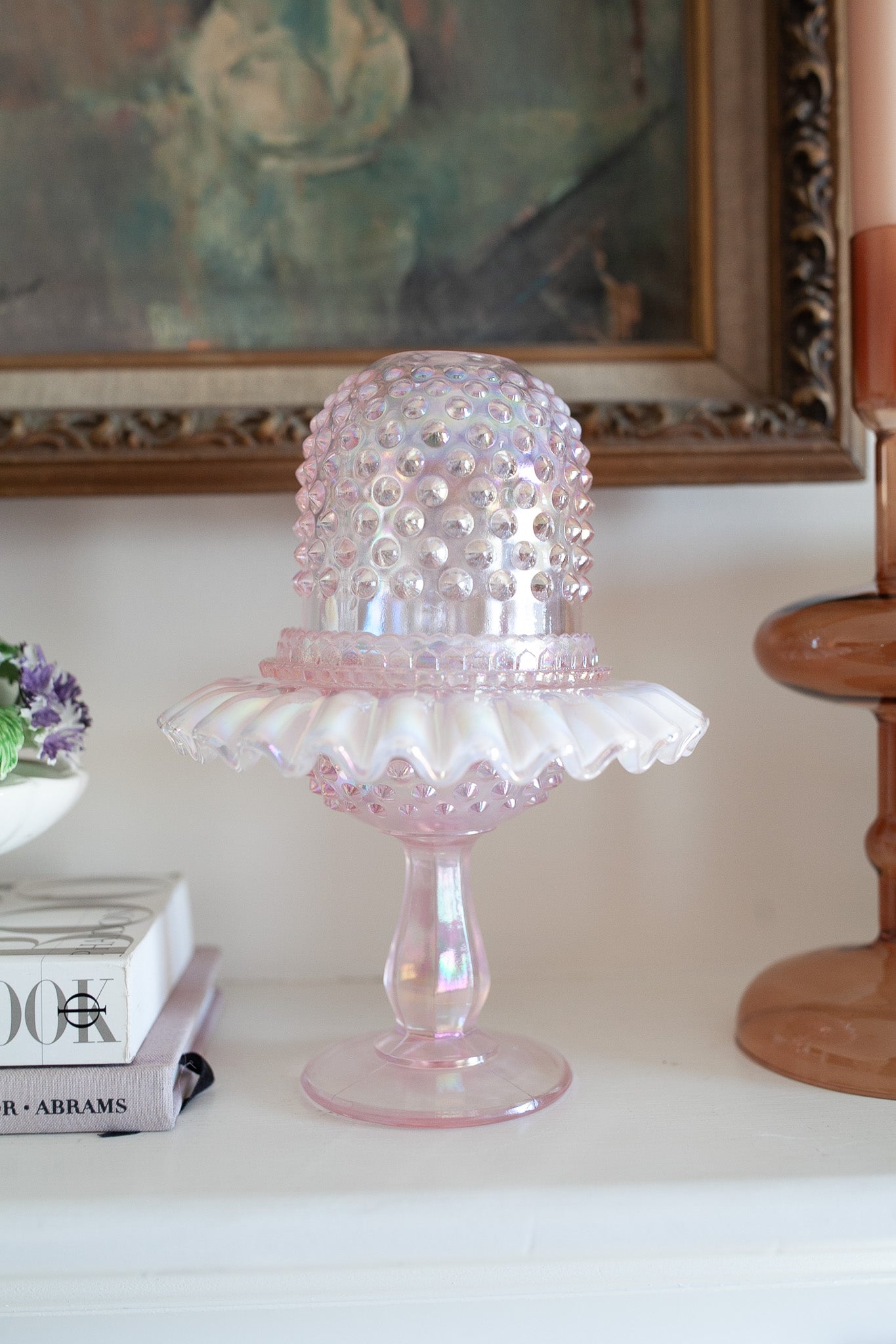 Fenton Pink Fairy Lamp - Fenton 95th Carnival Glass Hobnail Pink 3 Piece Pedestal Fairy Lamp