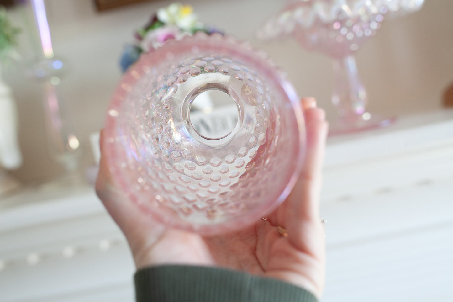 Fenton Pink Fairy Lamp - Fenton 95th Carnival Glass Hobnail Pink 3 Piece Pedestal Fairy Lamp