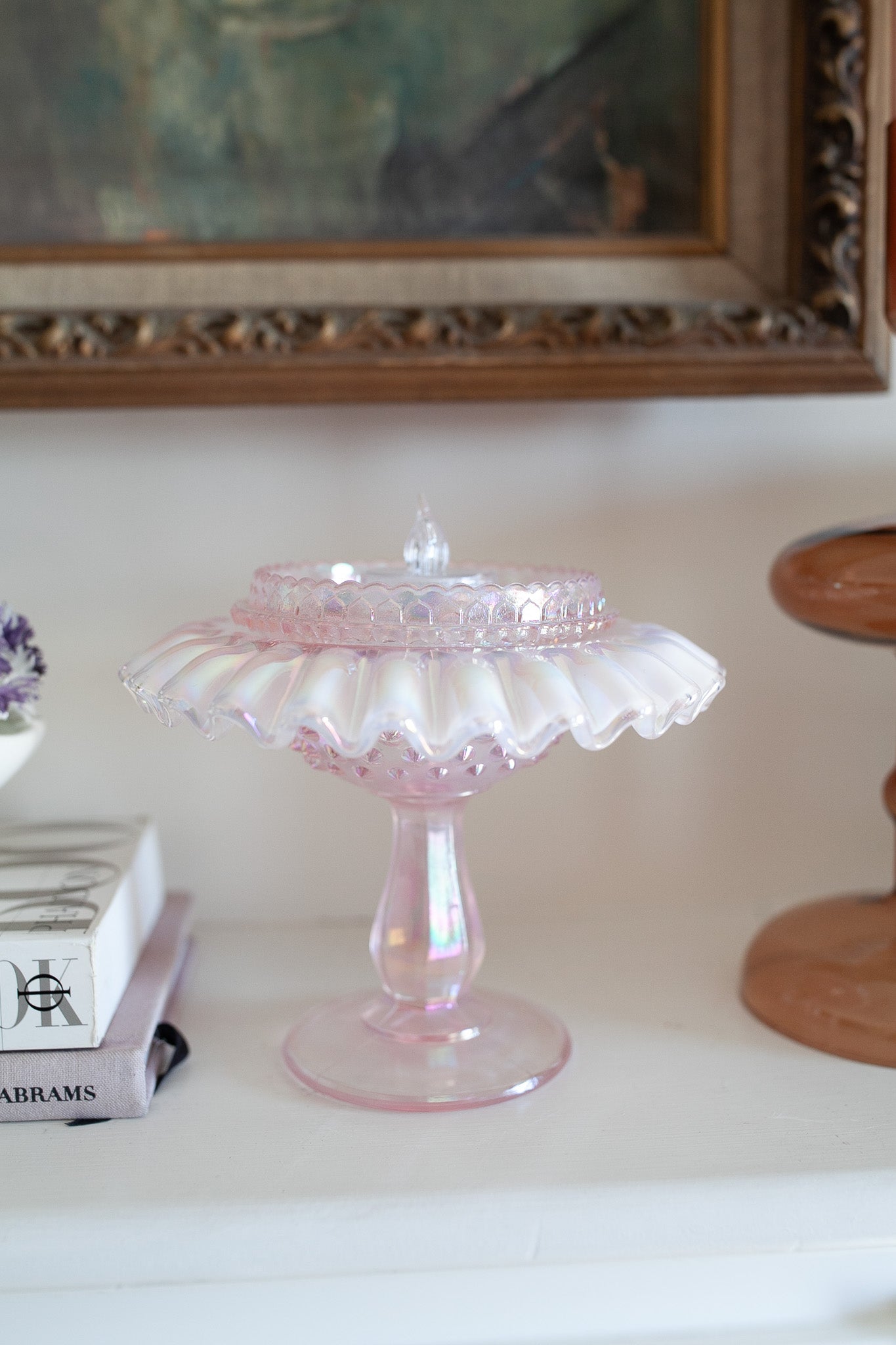 Fenton Pink Fairy Lamp - Fenton 95th Carnival Glass Hobnail Pink 3 Piece Pedestal Fairy Lamp