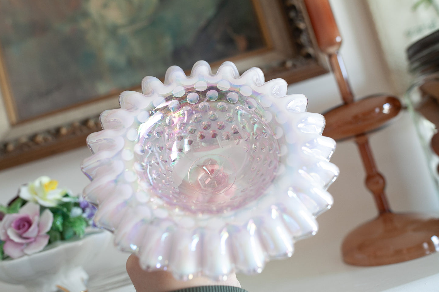 Fenton Pink Fairy Lamp - Fenton 95th Carnival Glass Hobnail Pink 3 Piece Pedestal Fairy Lamp