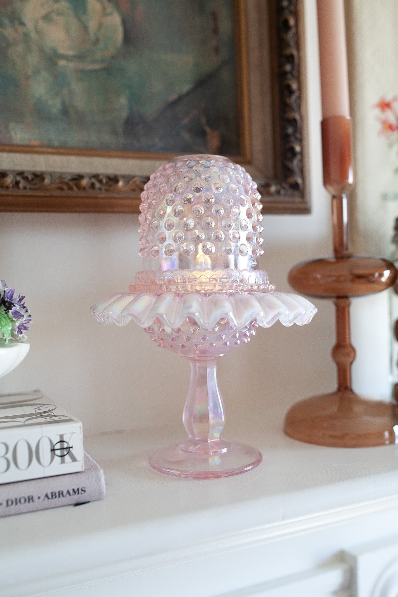 Fenton Pink Fairy Lamp - Fenton 95th Carnival Glass Hobnail Pink 3 Piece Pedestal Fairy Lamp