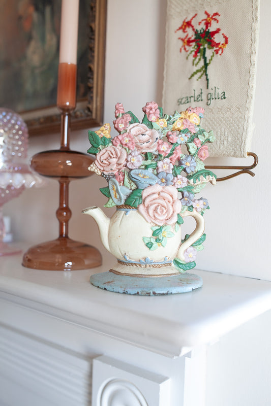 Vintage Cast Iron Flowers in Teapot Doorstop Bookend Chippy Distressed -Bookend