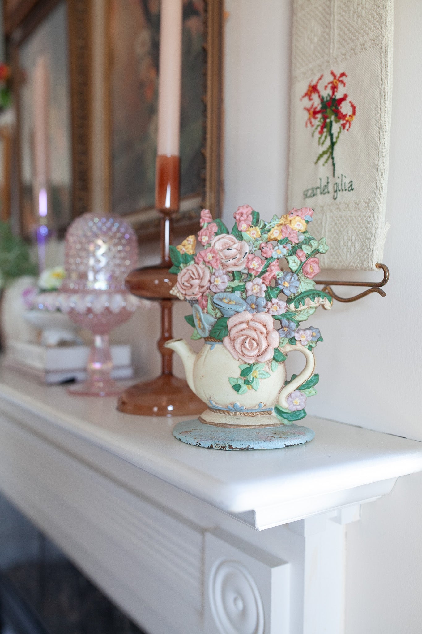 Vintage Cast Iron Flowers in Teapot Doorstop Bookend Chippy Distressed -Bookend