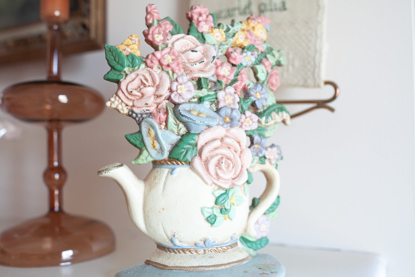 Vintage Cast Iron Flowers in Teapot Doorstop Bookend Chippy Distressed -Bookend