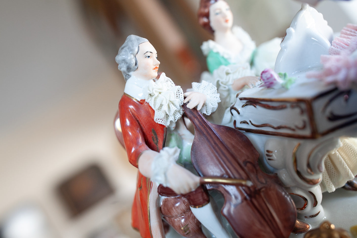 Antique Dresden Porcelain Flute Cello Piano Figurines Concert Figural Sculpture