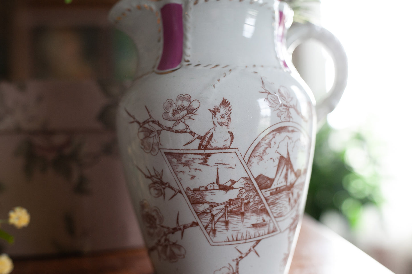 Vintage Pitcher with Bird Design - White and Pink Pitcher -Dresden stamped base
